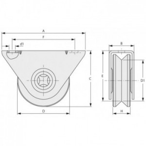 Galet (roue) pour portail Ø75mm - gorge en V - support à visser - 1 roulement à billes