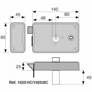 Serrure pour portail en applique à fouillot - gauche - s'entrouvrant - à pêne dormant demi tour - cylindre rond - entraxe 60m