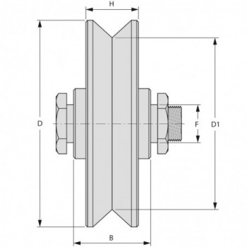 Galet (roue) pour portail Ø250mm - gorge en V - axe à visser avec graisseur - 2 roulements à billes