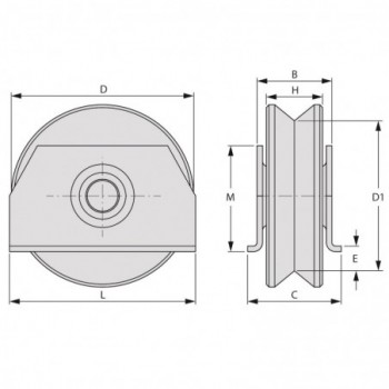 Galet (roue) pour portail Ø100mm - gorge en V - grandes flasques à souder - 1 roulement à billes