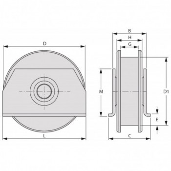 Galet (roue) pour portail Ø100mm - gorge en U - grandes flasques à souder - 1 roulement à billes