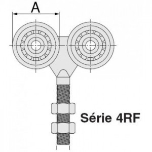 Chariot 4 roues acier ø55mm - M20 sur roulements pour porte coulissante suspendue - charge 600kg max