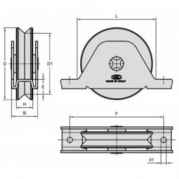 Galet (roue) pour portail Ø120mm - gorge en V - support plié perçé - 2 roulements à billes