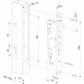 Serrure à encastrer Locinox hybride à crochet pour bois & metal - pour profil 60mm et plus