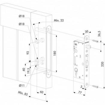 Serrure à encastrer (coffre 77mm) 85mm mini bois