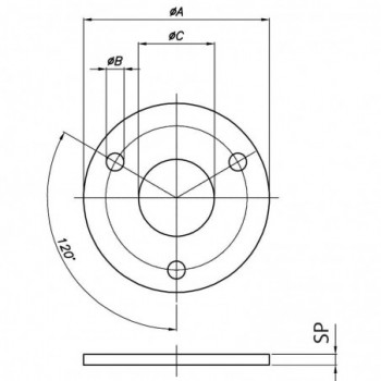 Platine de fixation ø70x6mm - trou centrale Ø10,5mm - 2 trous externes Ø9mm