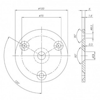 Platine de fixation ø100x6mm - 3 trous externe ø8,5mm - trou interne ø13mm