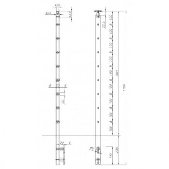 Poteau plat pour 5 ronds pleins ø10mm - H1333 - fixation murale