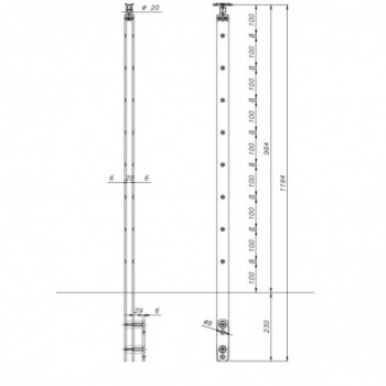 Poteau plat pour 8 ronds pleins - H1194 - sans guide - fixation murale