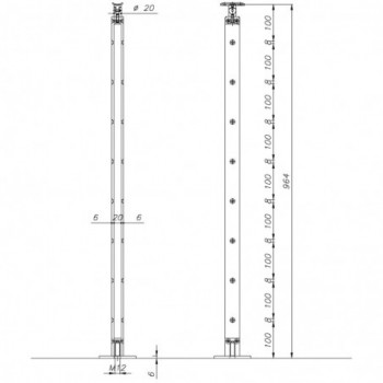 Poteau plat pour 5 ronds pleins - H964 - sans guide - sur embase