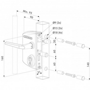 SERRURE INDUSTRIELLE - Serrure type industriel de haute qualité pour profils carrés de 30 à 50mm en 6009 avec 3006M - Paire