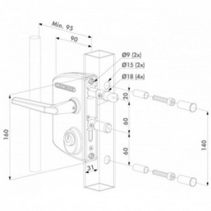 Serrure type industriel pour cylindre KABA-KESO pour profils carrés de 40 à 60mm en 6005 avec 3006M - Paire de poignées en al