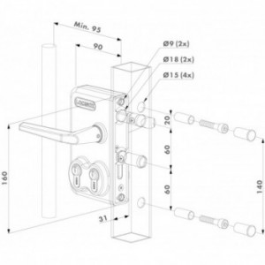 Serrure double cylindres Locinox - profils carrés de 40mm - couleur argent avec poignée 3006M en aluminium - Cylindres variés