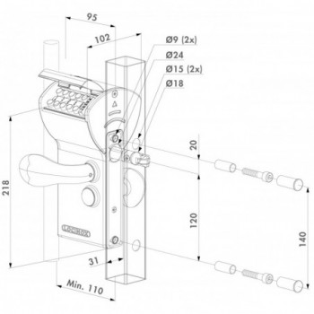 Serrure pour battant ,1 coté clavier et 1 coté sortie libre RAL 6005 pour 40 50 60