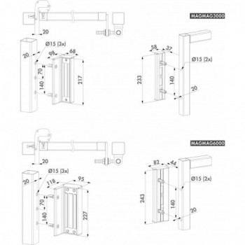 Ventouse électromagnétique en applique sans poignées portails battants - Profils carrés de 40 à 80 mm - force 300kg