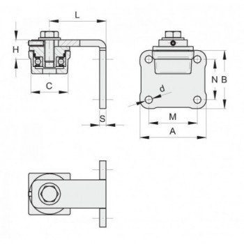 Charnière supérieure réglable avec roulement pour section carrée 40mm et platine à 4 trous à visser