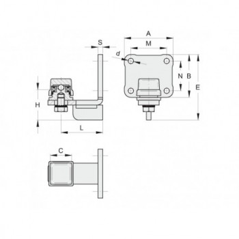 Charnière inférieure réglable avec roulement pour section carrée 40mm et platine à 4 trous à visser