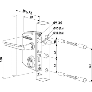 Serrure argent   profil 80 90 100 entr.60mm