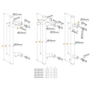 Bâton de maréchal double  en inox pour portail fixation quick-fix  pattes 60°