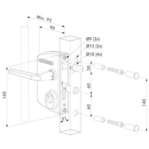 FENTE DE L'INDUSTRIE - Serrure type industriel pour cylindre KABA-KESO pour profils plats de 10 à 30 mm en ZILV avec 3006M - Pa