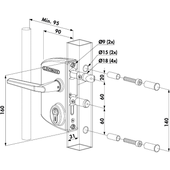 Serrure type industriel pour cylindre KABA-KESO pour profils carrés de 40 à 60mm en 9005 avec 3006M - Paire de poignées en al