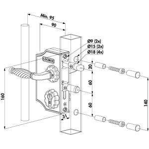 Serrure fer forgé Locinox grand modèle en aluminium brut pour profil de 30 à 50mm