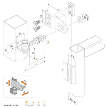 Charnière 180° réglable quadridimensionnel - portails et portillons - M12 - Tige filetée 90mm - brute - (vendu à l'unité)
