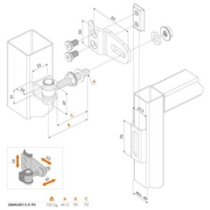 Charnière 180° réglable quadridimensionnel - portails et portillons - M12 - Tige filetée 90mm - brute - (vendu à l'unité)