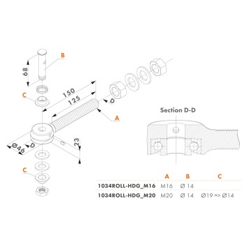 Boulon à oeil galvanisé à chaud avec roulement à billes pour charnières 3D et 4D  - Boulon à oeil M20 (vendu à l'unité)