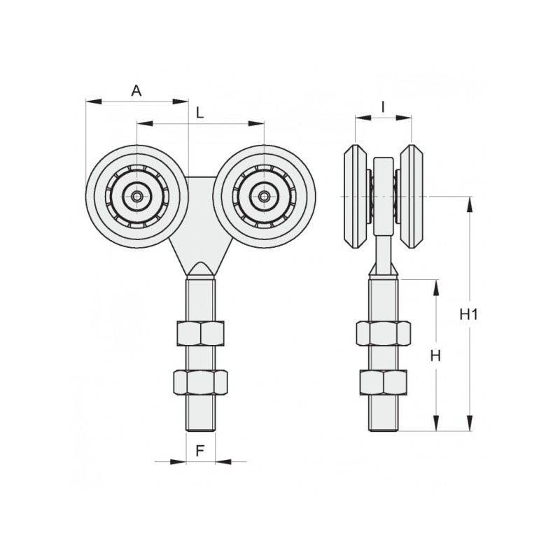 Chariot galvanisé 2 roues Ø45mm Roulements étanches - filetage M12 - pour  porte coulissante suspendue 2RC45 avec Bricometal