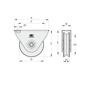 Galet (roue) pour portail Ø90mm - gorge en V - support à visser - 1 roulement à billes