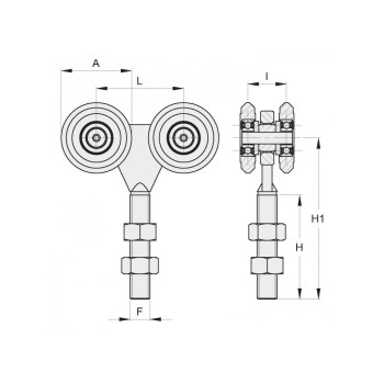 Chariot galvanisé 4 roues Ø55mm Roulements à bille - filetage M20 - pour porte coulissante suspendue