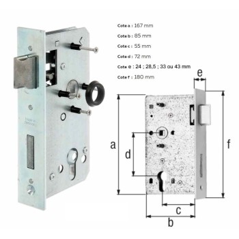 Serrure de remplacement réversible galvanisée - tétière 24mm