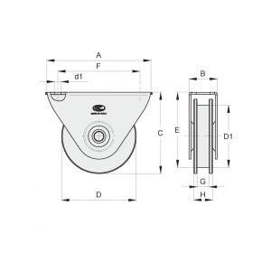 Galet (roue) pour portail Ø75mm - gorge en U - support à visser - 1 roulement à billes