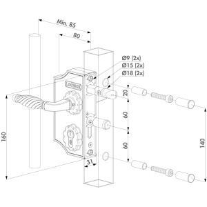 Serrure fer forgé petit modèle en aluminium 10 à 20mm - noire