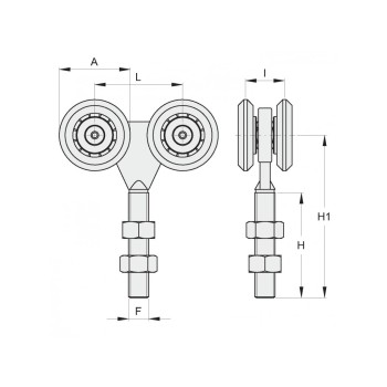 Chariot 4 roues acier ø55mm - M20 sur roulements pour porte coulissante suspendue - charge 600kg max