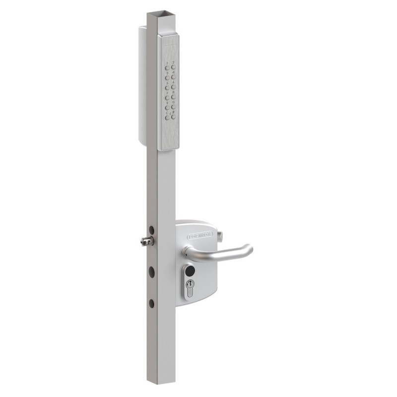 Serrure en applique VOLTA argentée avec clavier à code électronique IP56 pour profil 40–60 mm – vue de face