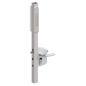 Serrure en applique VOLTA argentée avec clavier à code électronique IP56 pour profil 40–60 mm – vue de face