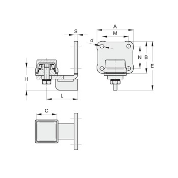Charnière inférieure réglable avec roulement pour section carrée 50mm et platine à 4 trous à visser