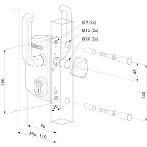 Serrure Locinox pour portail coulissant - pour tube de 100mm - RAL 7016