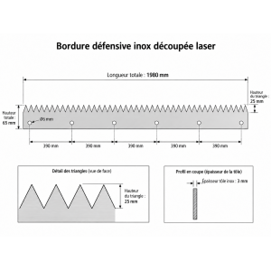 Fixation de la bordure défensive pour portail et clôture, 6 trous Ø 6 mm et entraxe de 390 mm